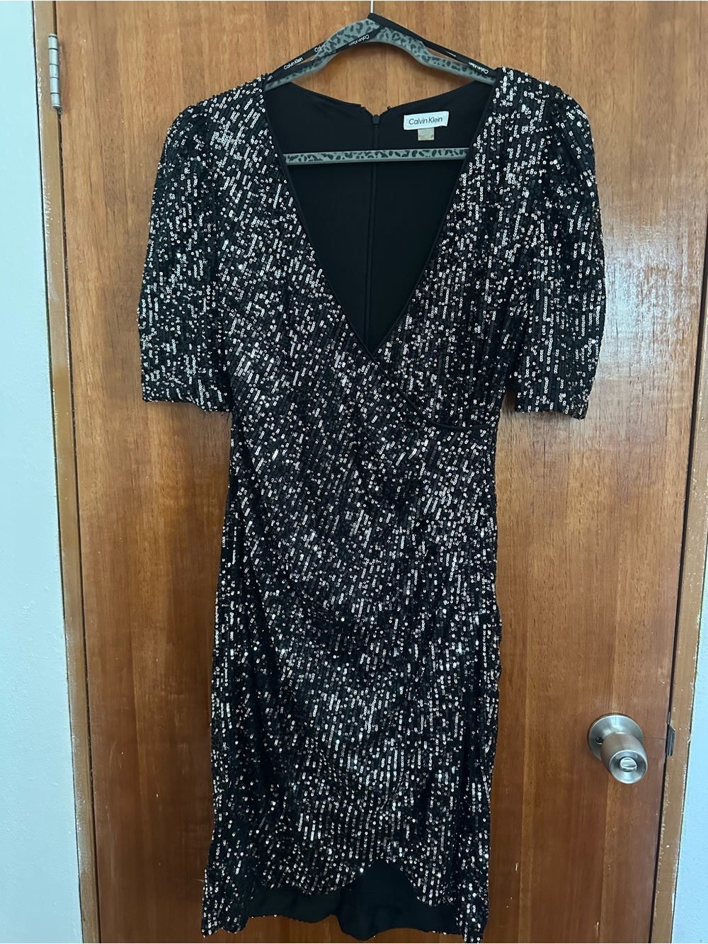 Calvin Klein Black and Silver Sequin V-Neck Cocktail Dress